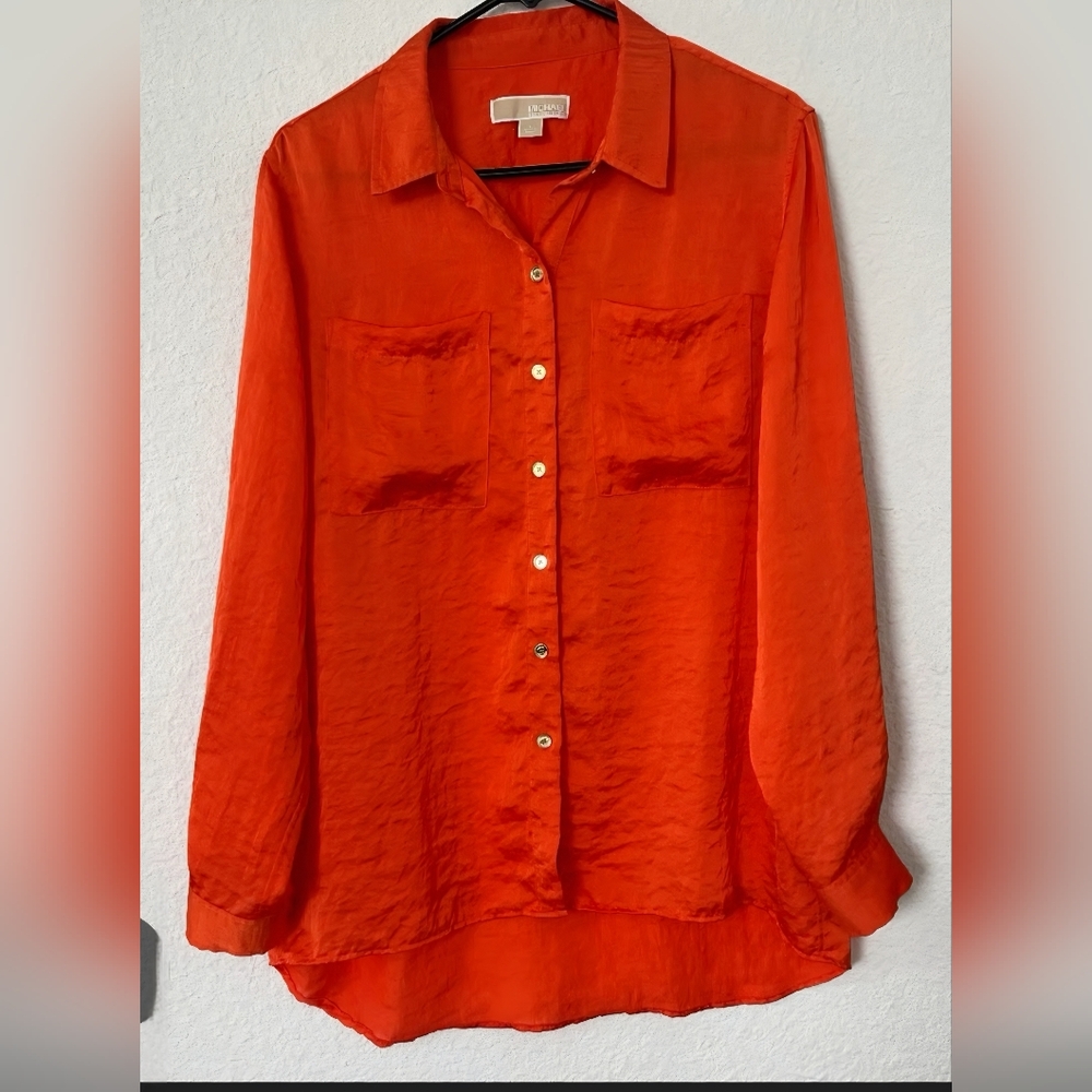 Michael Kors Bright Orange Gold Button-Up Blouse In Size Medium Front Pockets